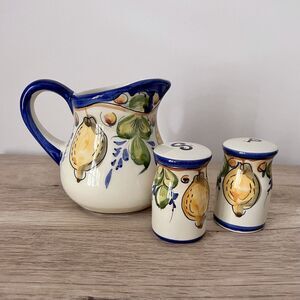 Tierra Fina 4.5” Tall Pitcher + Salt & Pepper Shakers 2075 Yellow Lemons Summer